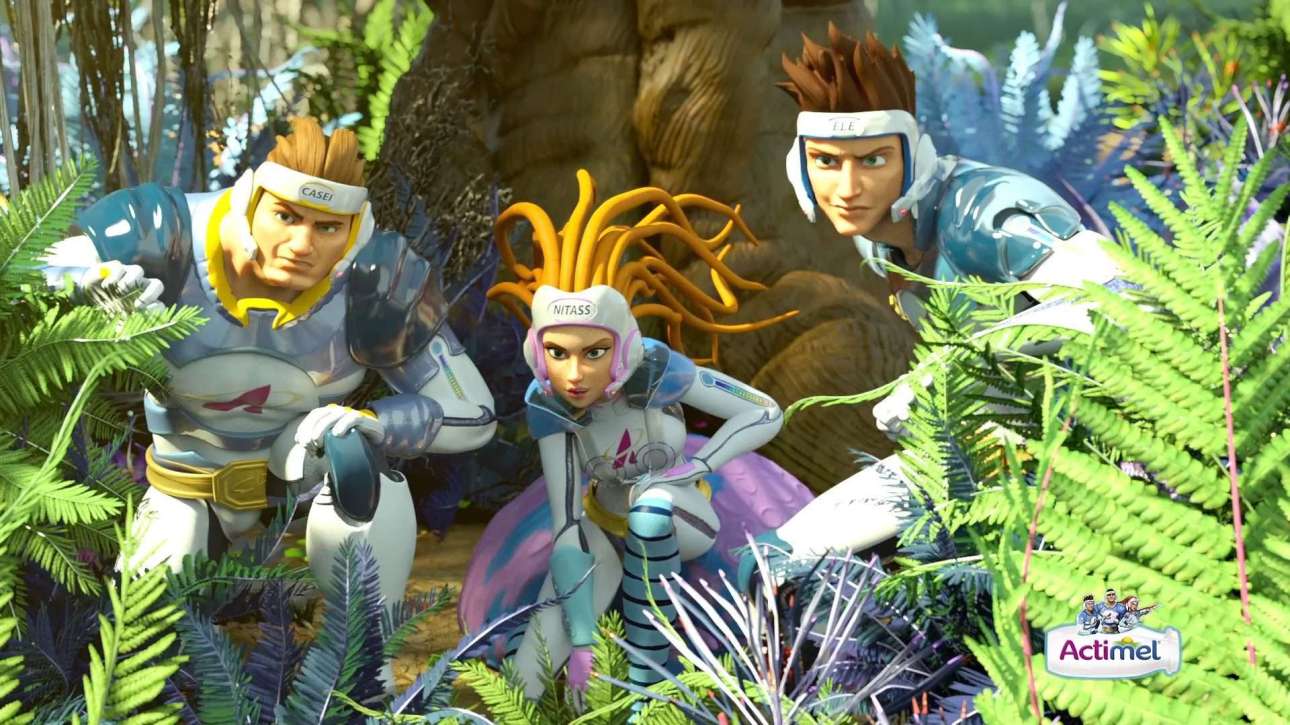 Animated Actimel team of futuristic heroes in space suits, celebrating a victory with glowing blue energy in the background. Animated Actimel team of futuristic heroes in space suits, celebrating a victory with glowing blue energy in the background.