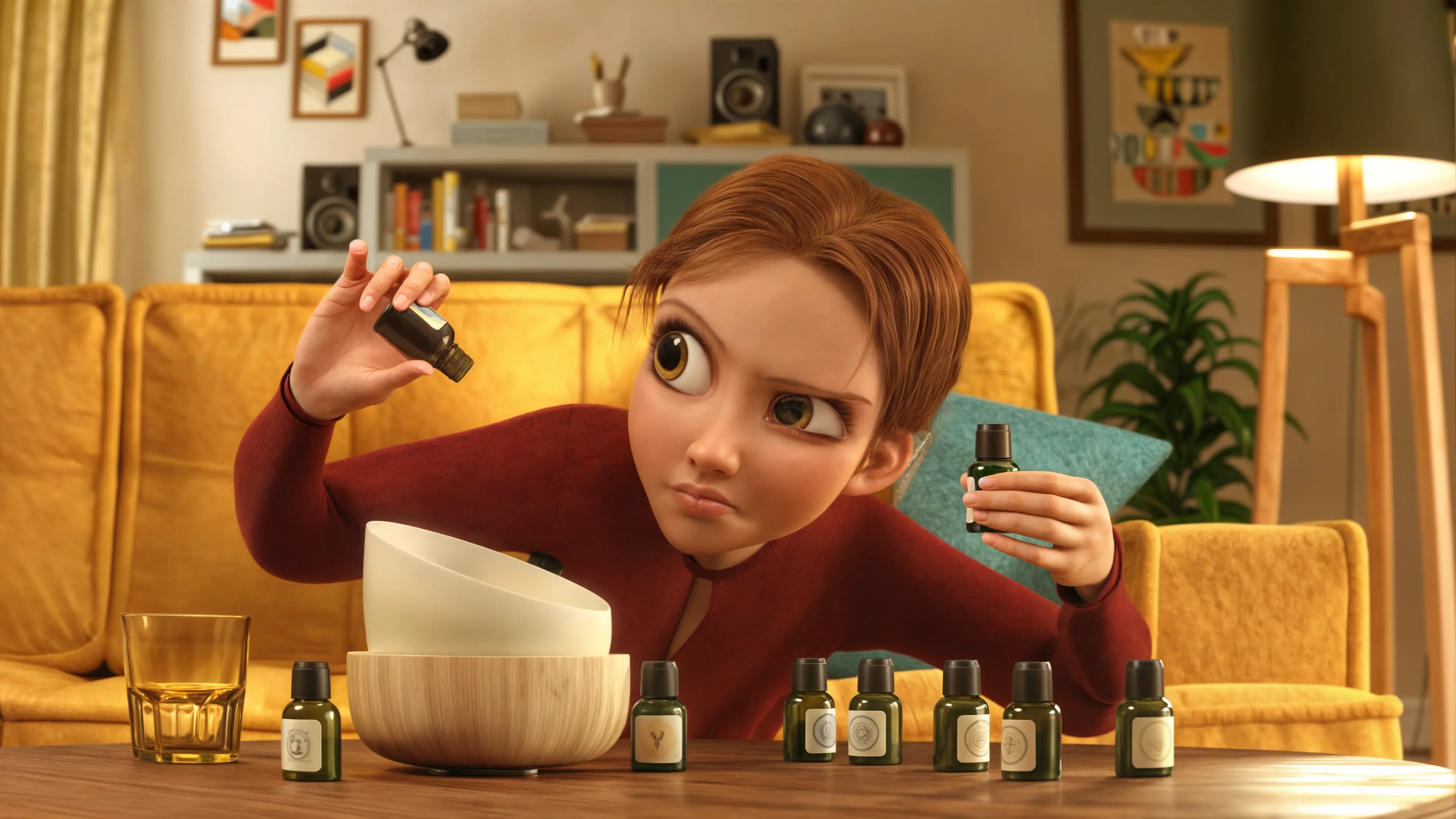 Animated character intensely focused while pouring essential oils into a diffuser, surrounded by small green bottles on a cozy living room table. Animated character intensely focused while pouring essential oils into a diffuser, surrounded by small green bottles on a cozy living room table.