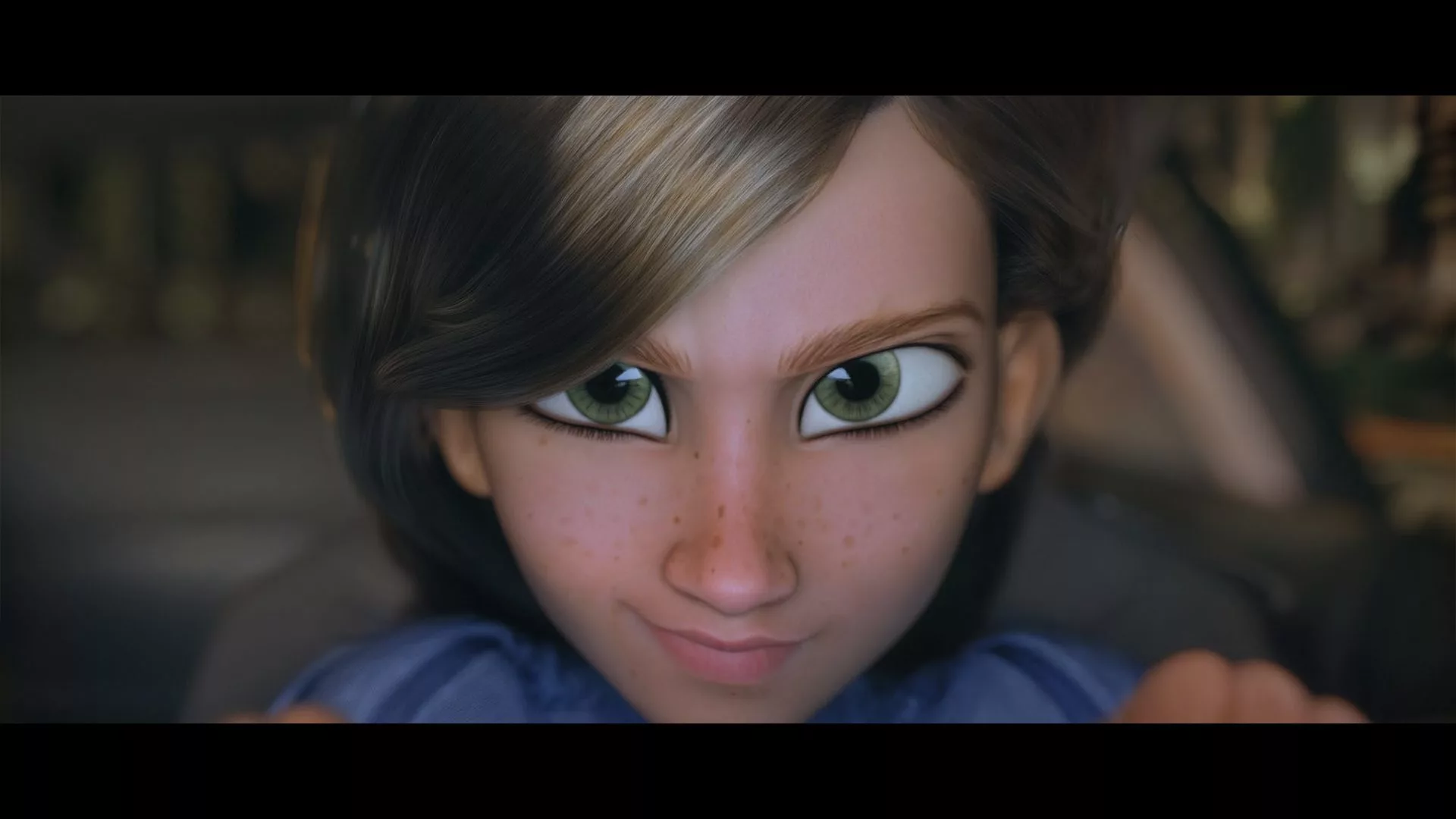 Close-up of a determined 3D animated girl with green eyes from the Audi Ever After cinematic. Close-up of a determined 3D animated girl with green eyes from the Audi Ever After cinematic.