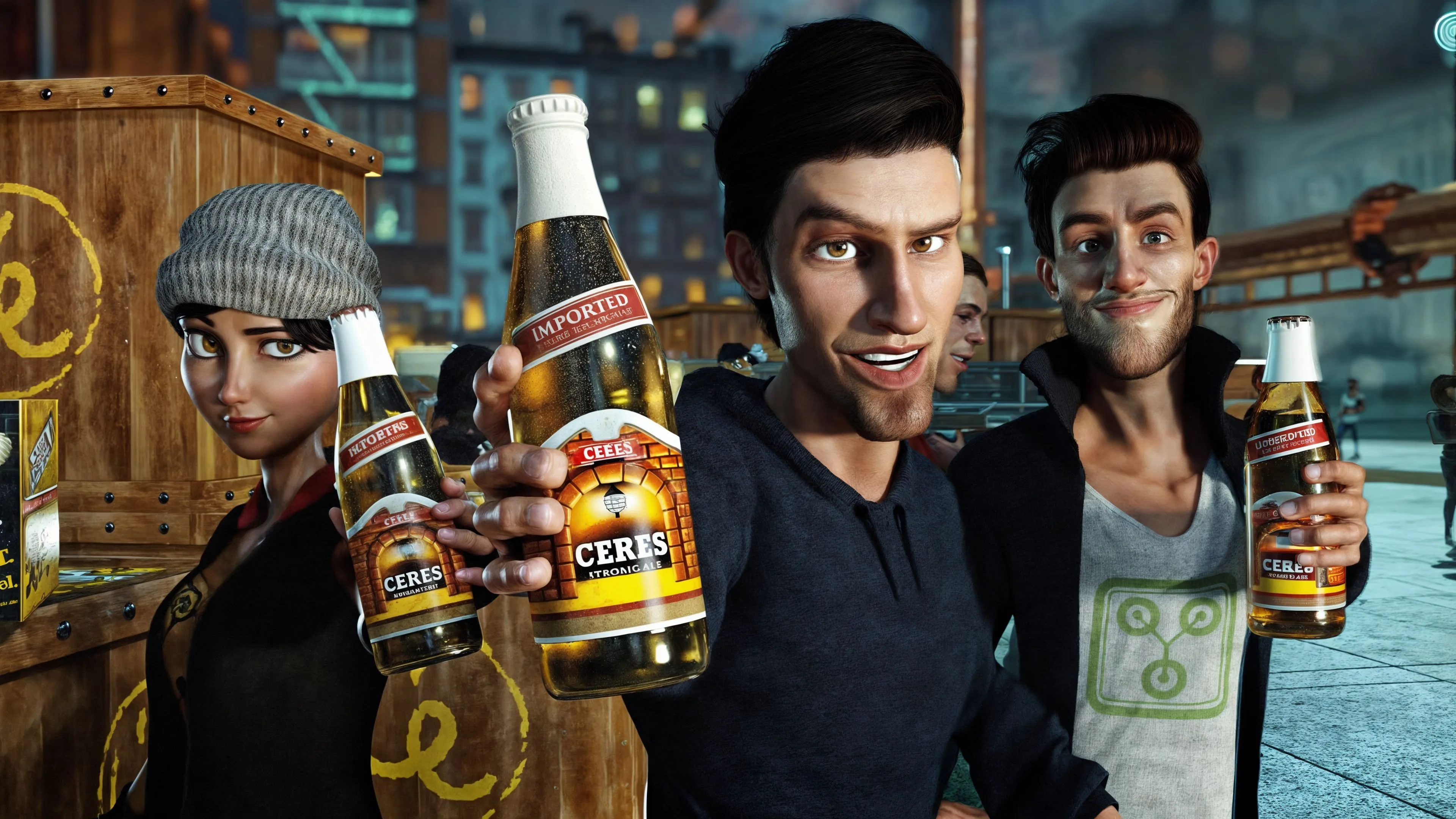 3D animated characters holding Ceres beer bottles in a vibrant urban setting, created by 23lunes animation studio. 3D animated characters holding Ceres beer bottles in a vibrant urban setting, created by 23lunes animation studio.