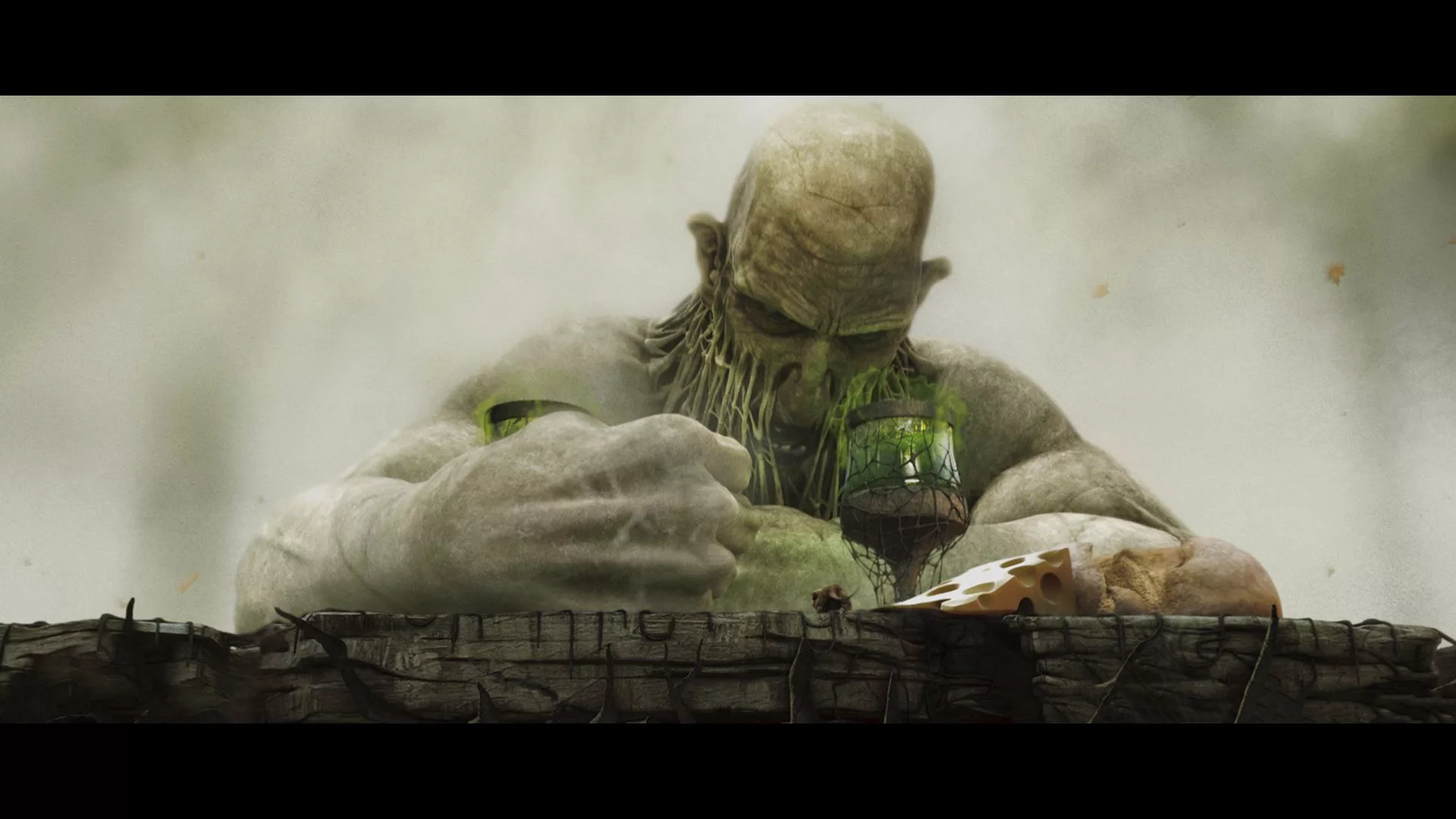 3D animated scene from the Giant sequence, featuring a colossal figure with glowing green elements and a misty atmosphere. 3D animated scene from the Giant sequence, featuring a colossal figure with glowing green elements and a misty atmosphere.