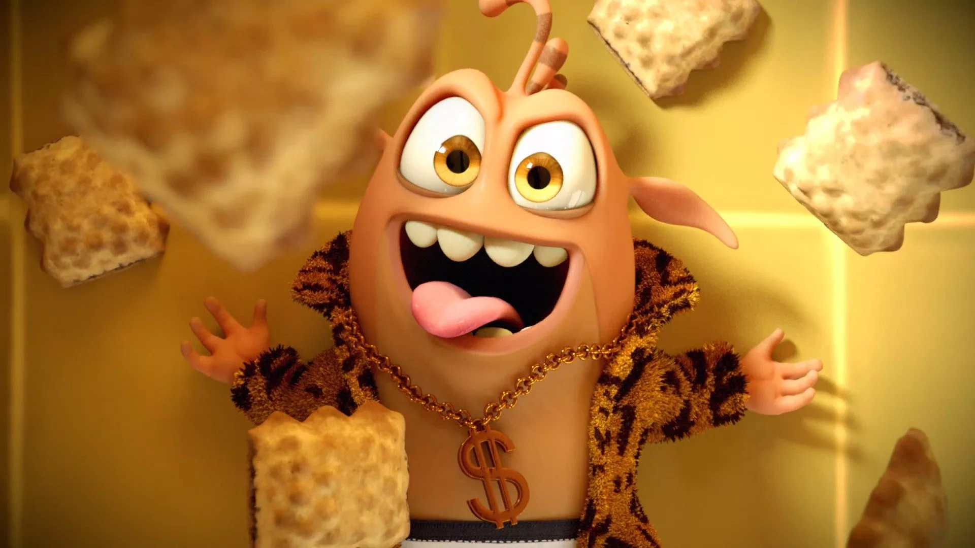 3D animated character Fleky, the mascot of Chocoflakes, wearing a gold chain with a dollar sign and a leopard-print jacket, created by 23lunes animation studio. 3D animated character Fleky, the mascot of Chocoflakes, wearing a gold chain with a dollar sign and a leopard-print jacket, created by 23lunes animation studio.