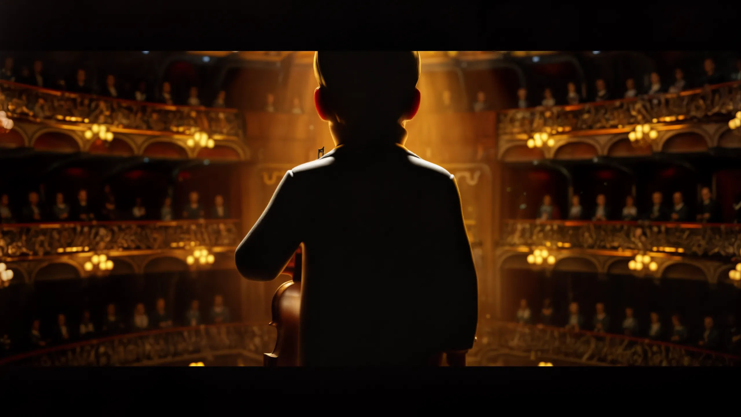 3D animated scene from Hermann short film, featuring a boy with a violin on stage in front of an audience, created by 23lunes animation studio. 3D animated scene from Hermann short film, featuring a boy with a violin on stage in front of an audience, created by 23lunes animation studio.