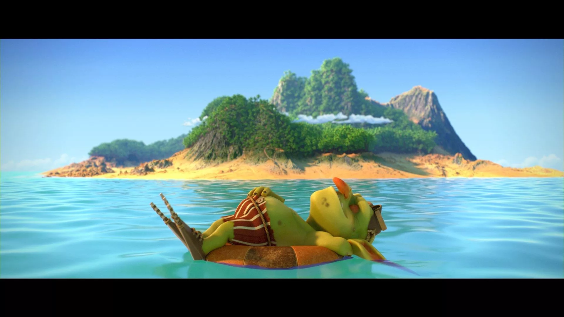 3D animated character relaxing on a float in the ocean with a tropical island in the background from Hungry Dragon cinematics. 3D animated character relaxing on a float in the ocean with a tropical island in the background from Hungry Dragon cinematics.