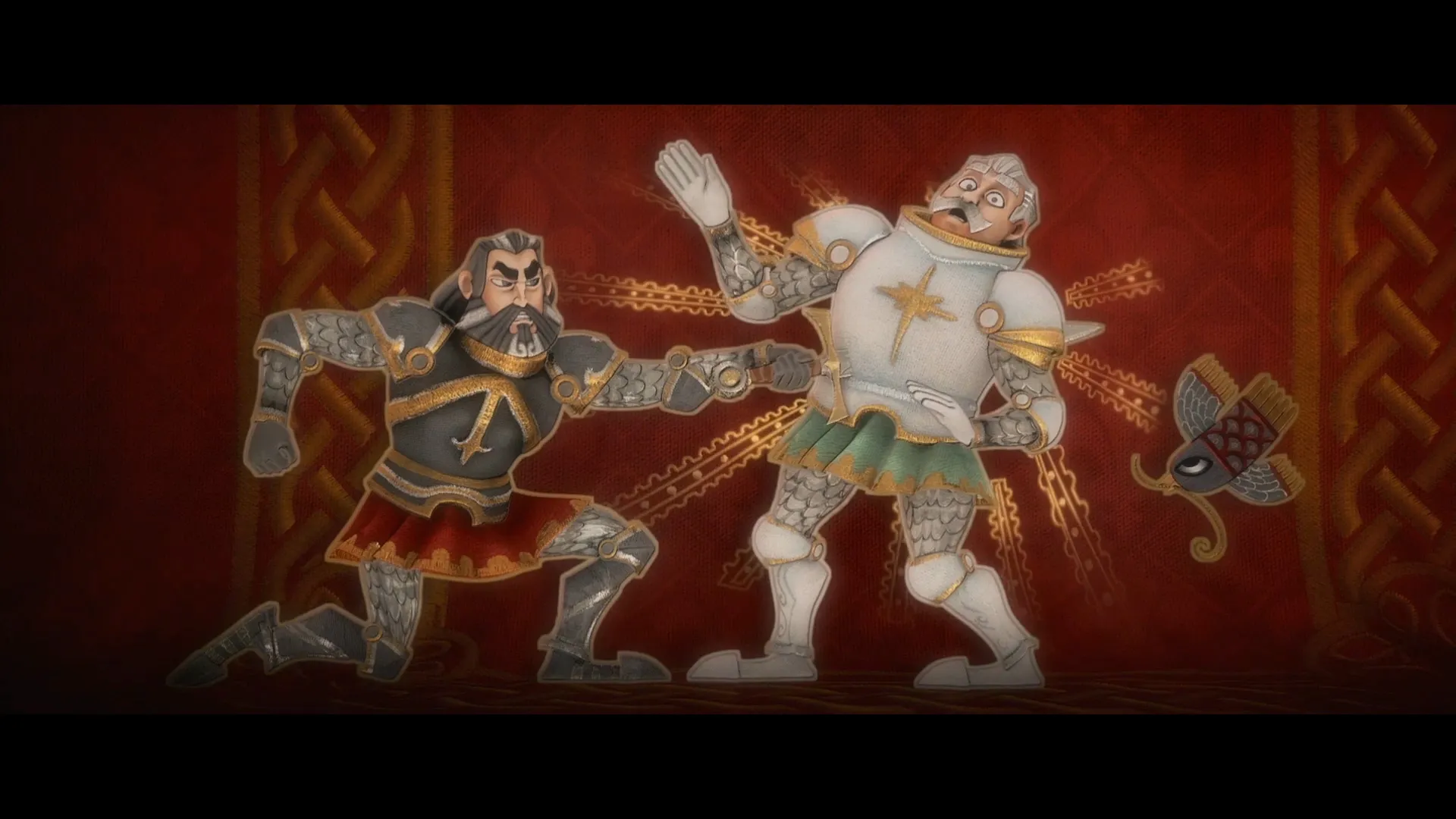 Stylized tapestry animation featuring armored knights in a dynamic battle scene from Justin and the Knights of Valour. Stylized tapestry animation featuring armored knights in a dynamic battle scene from Justin and the Knights of Valour.