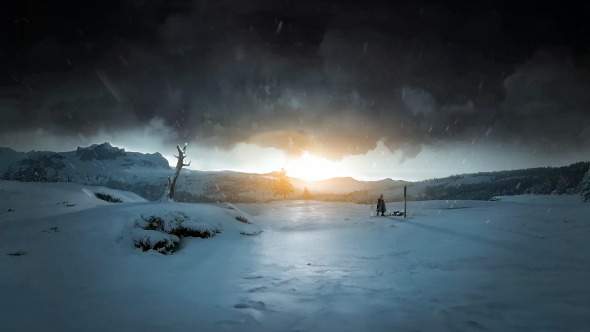 Snowy landscape at sunset with a lone figure, cinematic scene from Strider videogame created by 23lunes animation studio. Snowy landscape at sunset with a lone figure, cinematic scene from Strider videogame created by 23lunes animation studio.