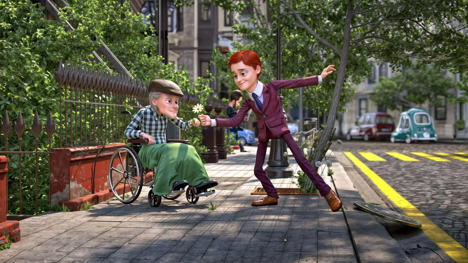 3D animated scene from Triptomax ad, featuring a young man giving a flower to an elderly person in a wheelchair, created by 23lunes animation studio. 3D animated scene from Triptomax ad, featuring a young man giving a flower to an elderly person in a wheelchair, created by 23lunes animation studio.